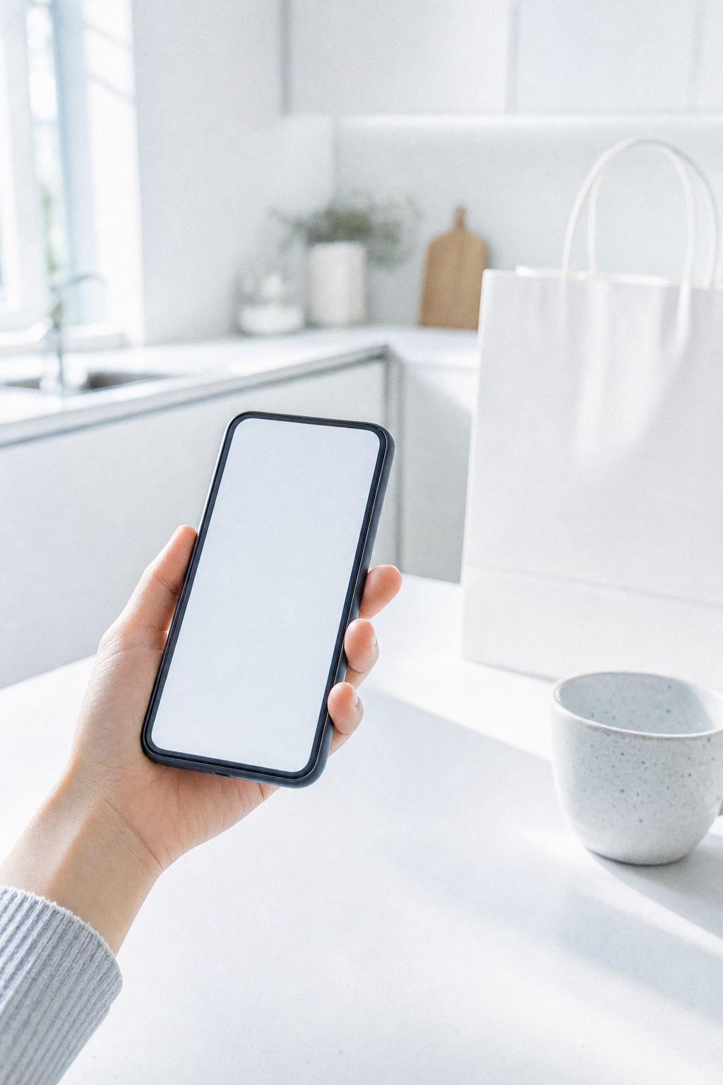 A shopper holds a phone next to a paper shopping bag