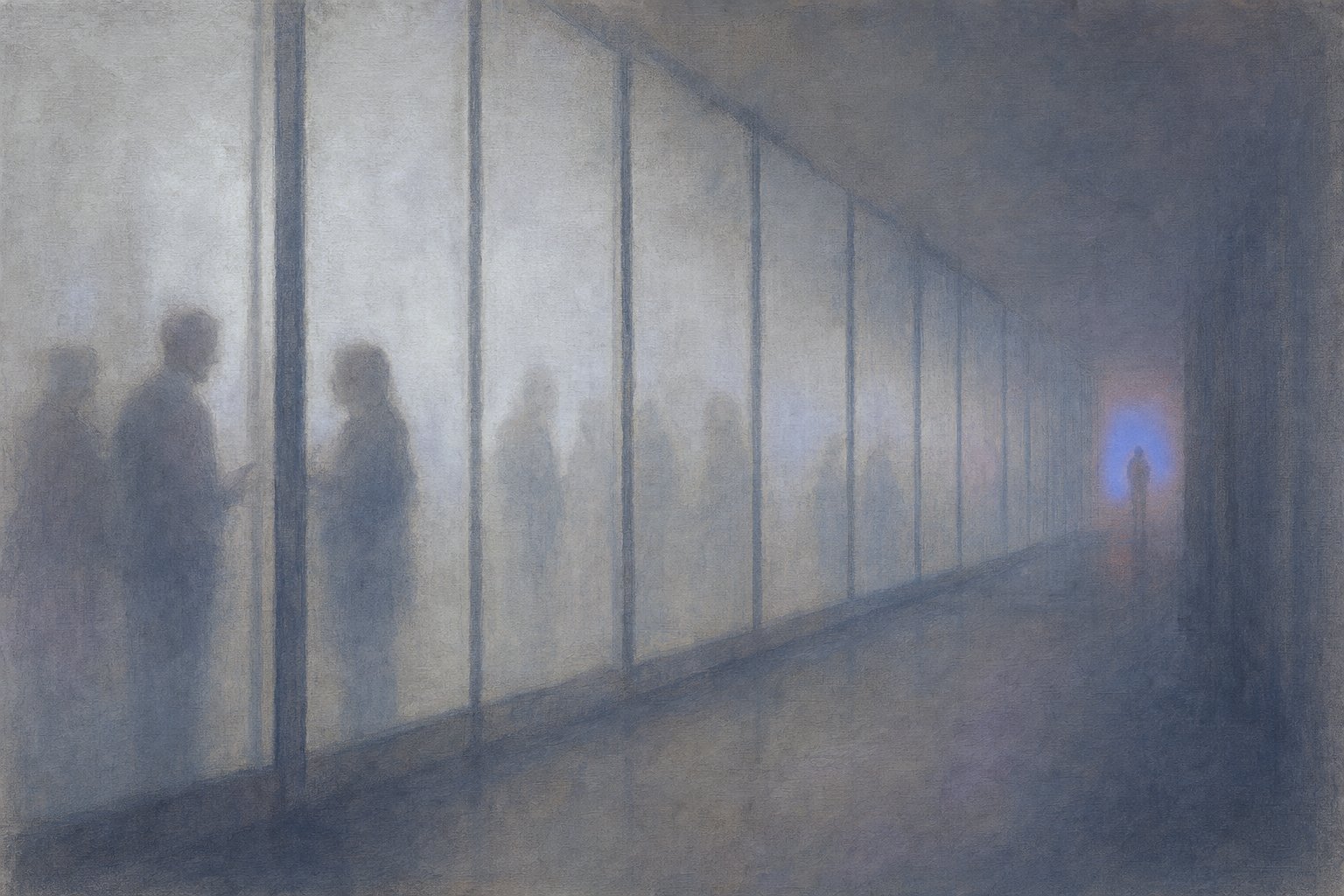 A hand-painted corridor of small figures behind frosted glass, one lit in blue
