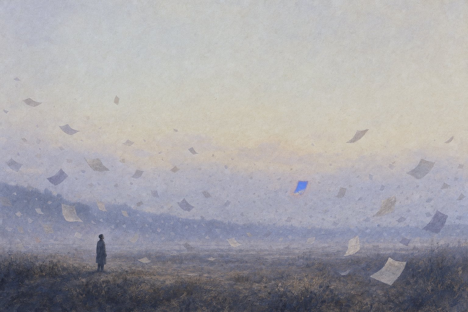 A hand-painted dusk landscape: a tiny figure looks up at thousands of floating pages, one glowing blue