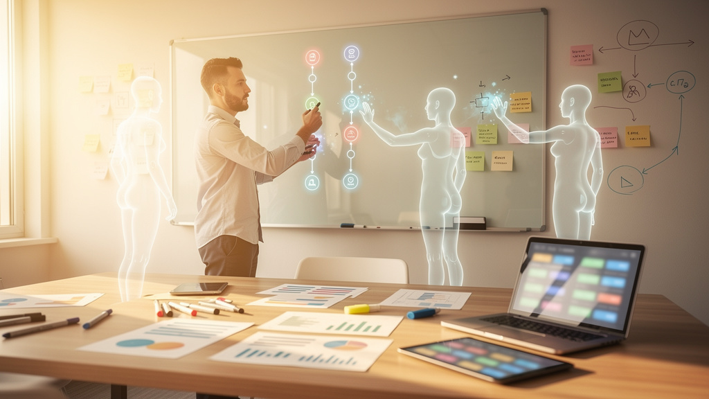 Enterprise marketing leader and engineer at a warm desk studying printed agent workflow diagrams and vendor comparison sheets