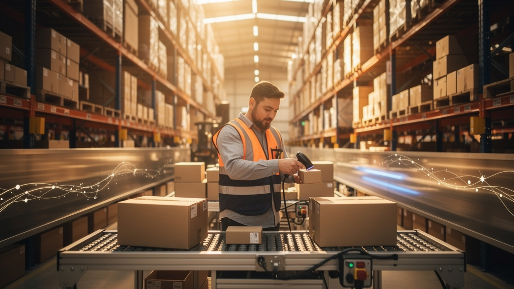 Two business professionals shaking hands over a warehouse floor in warm light