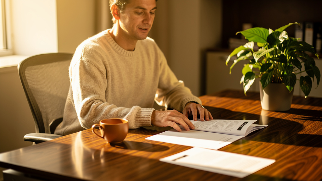 A cannabis brand marketing lead in a warm soft sweater reviewing printed regulatory compliance guides