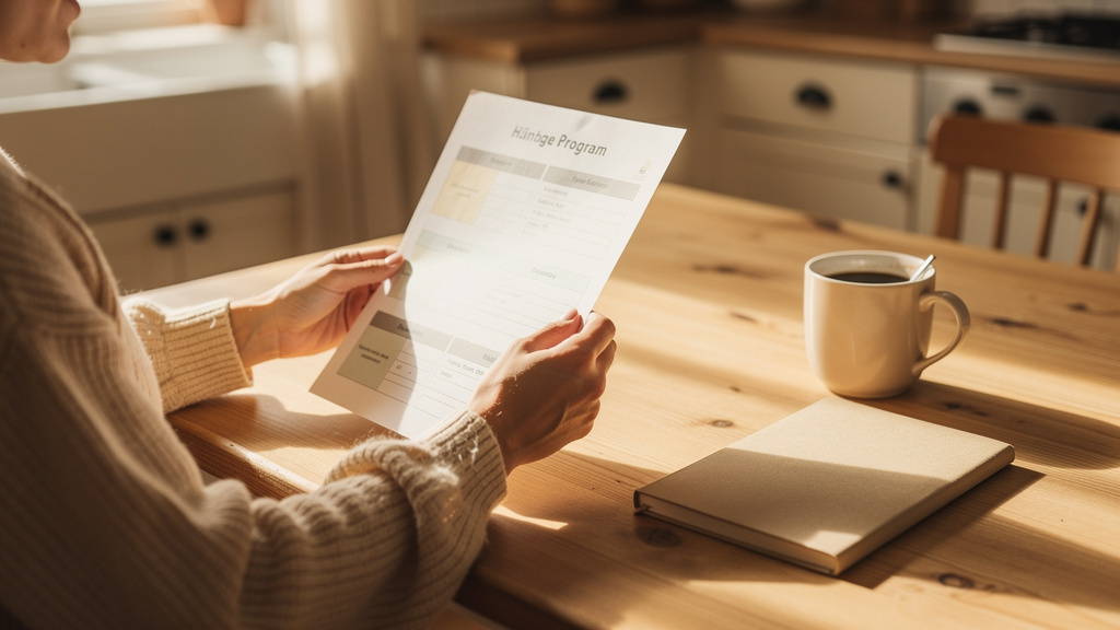 A parent reviewing a printed childcare program comparison sheet at a sunlit kitchen table with a coffee mug and a notebook