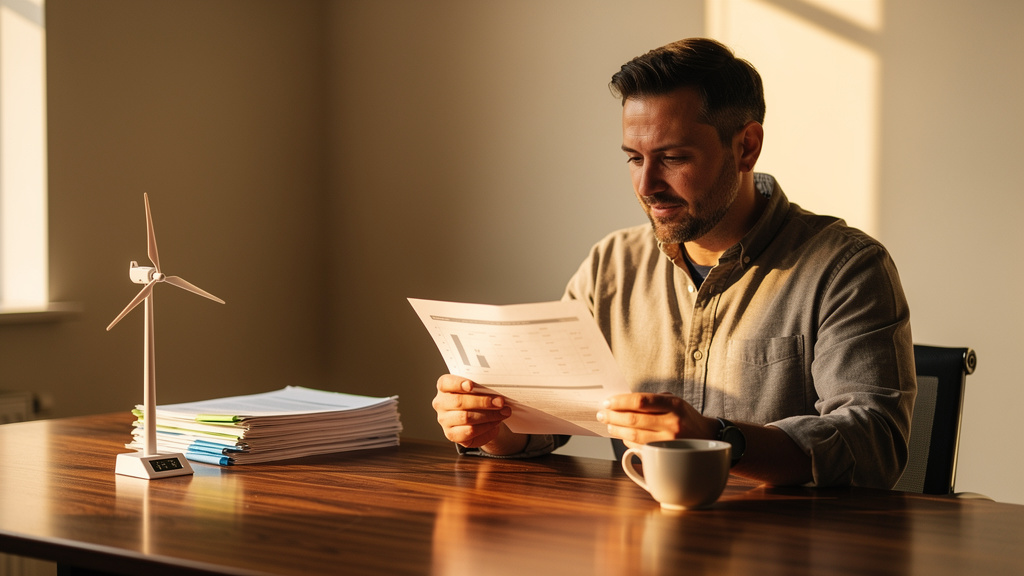 A climate tech founder reviewing a printed impact measurement sheet beside a model wind turbine at a sunlit office desk