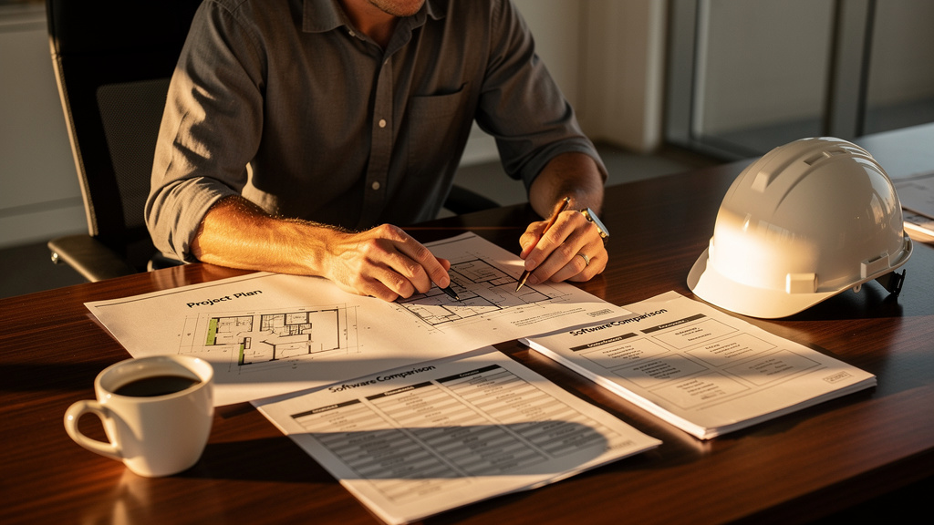 A construction tech marketing lead reviewing printed jobsite project plans and software comparison sheets