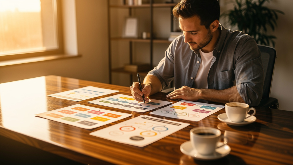 A SaaS platform marketing lead reviewing printed integration architecture diagrams and customer journey maps
