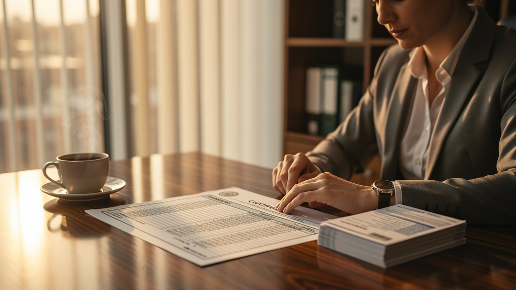 A cybersecurity architect reviewing a printed compliance certification matrix beside a stack of audit reports at a warm sunlit office desk