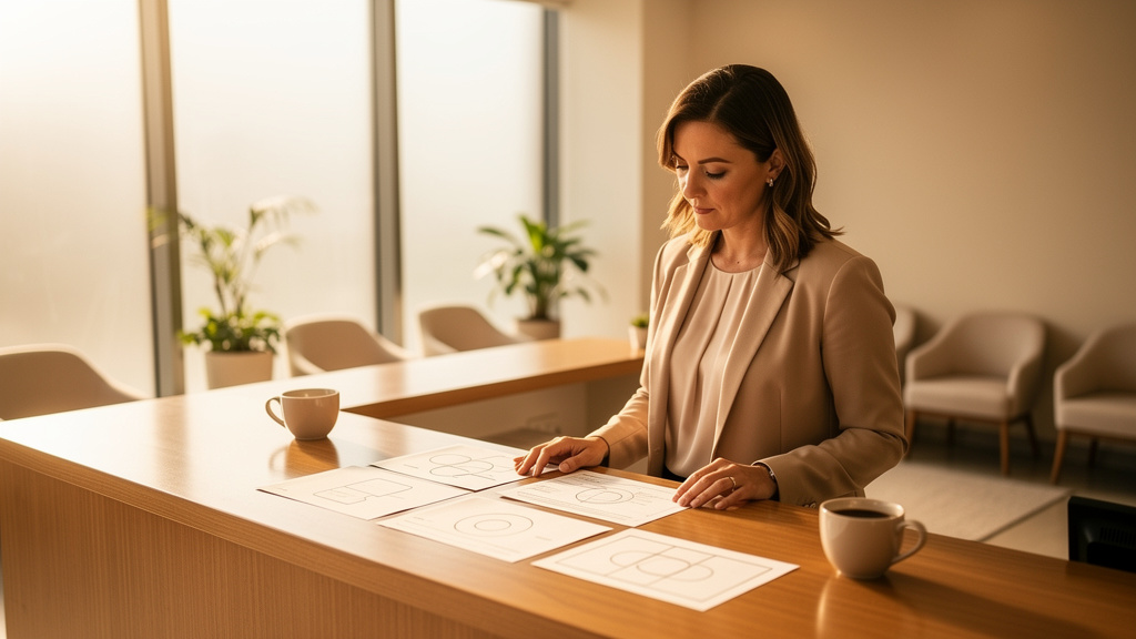 A dental practice office manager reviewing printed software workflow sheets at a reception desk under warm overhead lighting