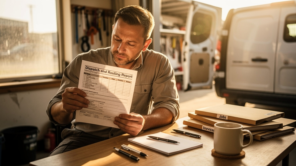 A field service business owner reviewing a printed dispatch and routing report at a warm sunlit shop desk near a service van