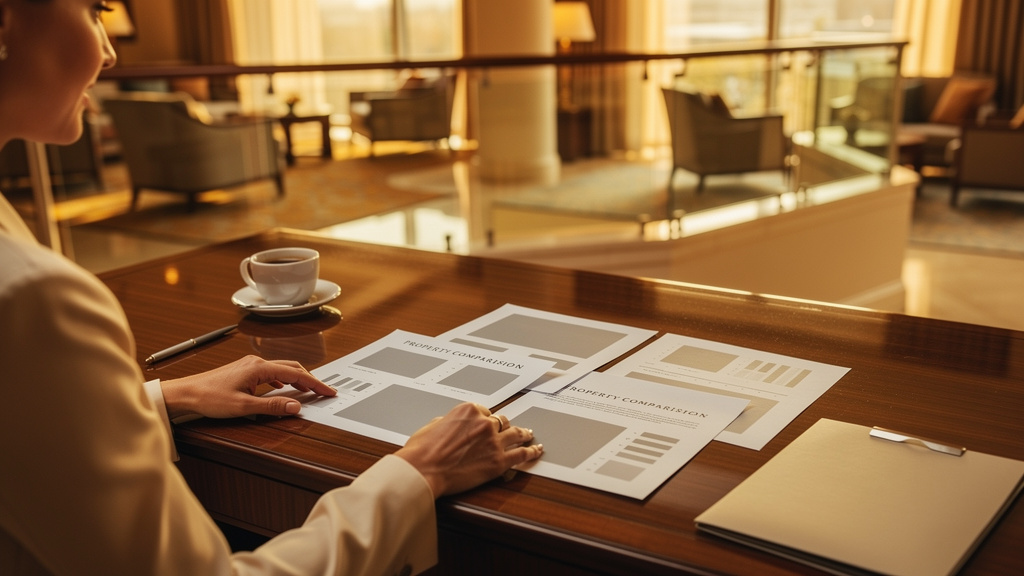 A hospitality marketing director reviewing printed property comparison sheets at a warm sunlit desk overlooking a hotel lobby