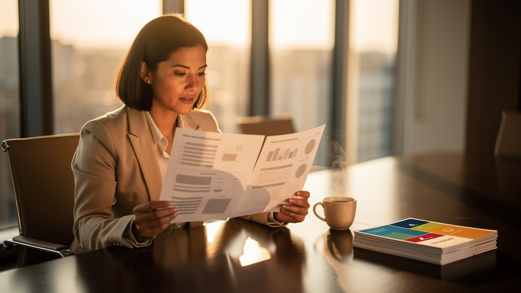 An HR director comparing two printed HRIS feature comparison sheets at a sunlit conference table with a stack of vendor brochures