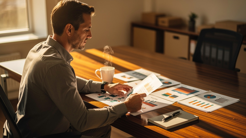 A logistics software marketing lead reviewing printed warehouse network maps and freight rate sheets