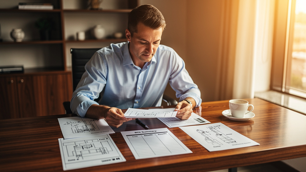 A manufacturing software marketing lead reviewing printed factory floor diagrams and ROI calculation worksheets