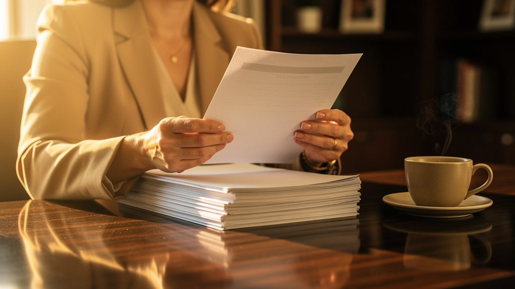A mortgage advisor reviewing a printed rate disclosure sheet beside a stack of regulatory documents at a warm sunlit office desk