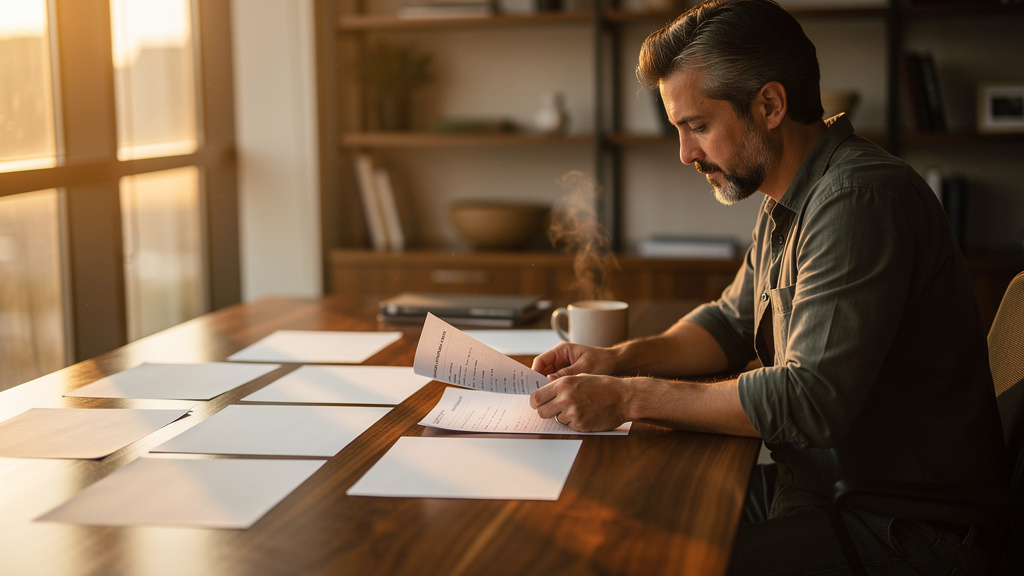 A software platform marketing lead reviewing printed component library reference sheets and user journey worksheets