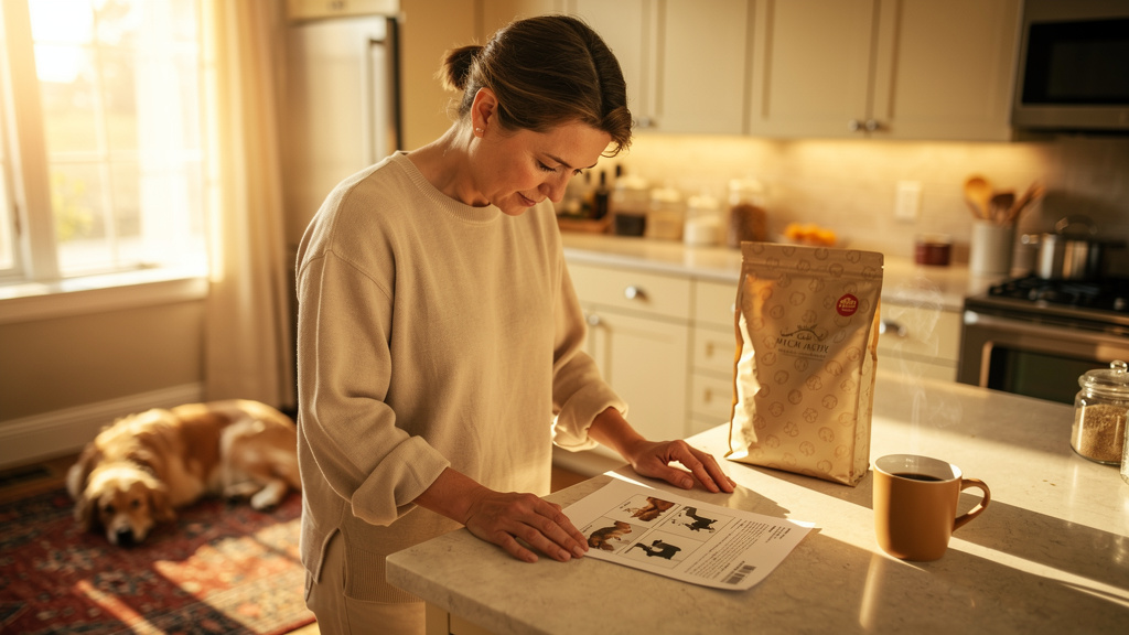 A pet owner reviewing a printed breed-specific care guide alongside a pet food bag at a warm sunlit kitchen counter