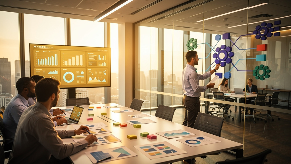 Portfolio operations team at a long wood table reviewing AI visibility dashboards across seven SaaS companies