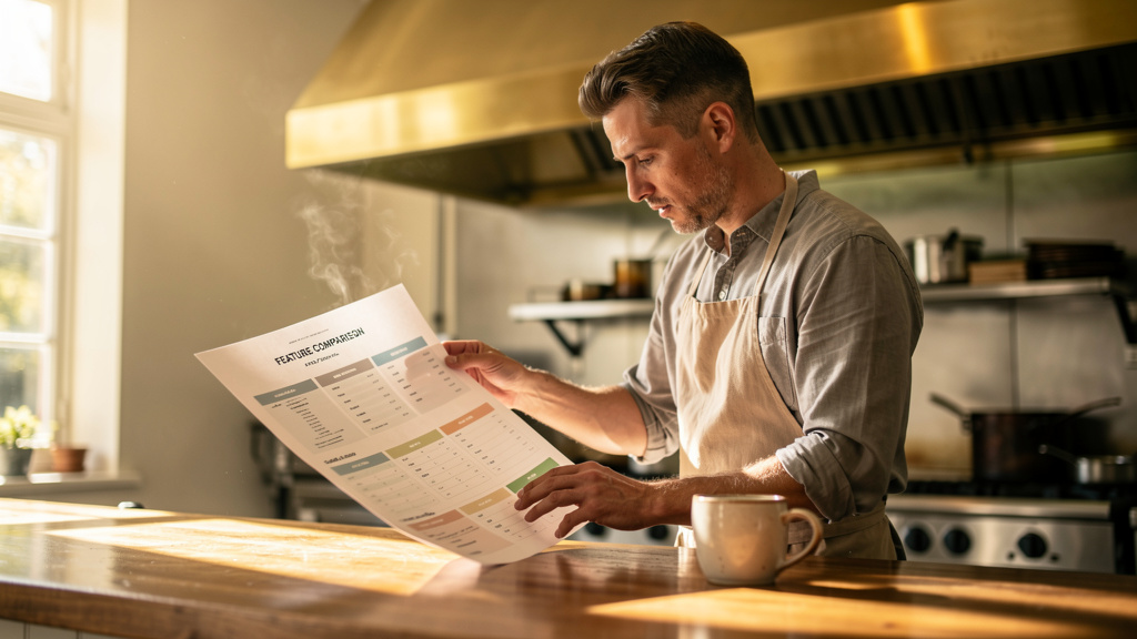 A restaurant operator reviewing a printed POS feature comparison sheet at a wood prep table in a warm sunlit kitchen pass