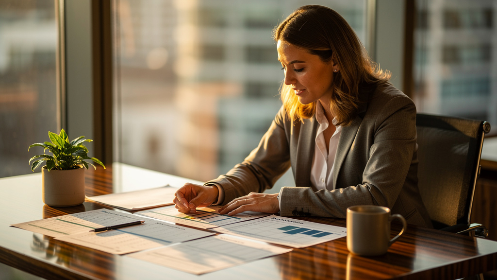 A solar energy brand marketing lead reviewing printed installation timelines and ROI worksheets