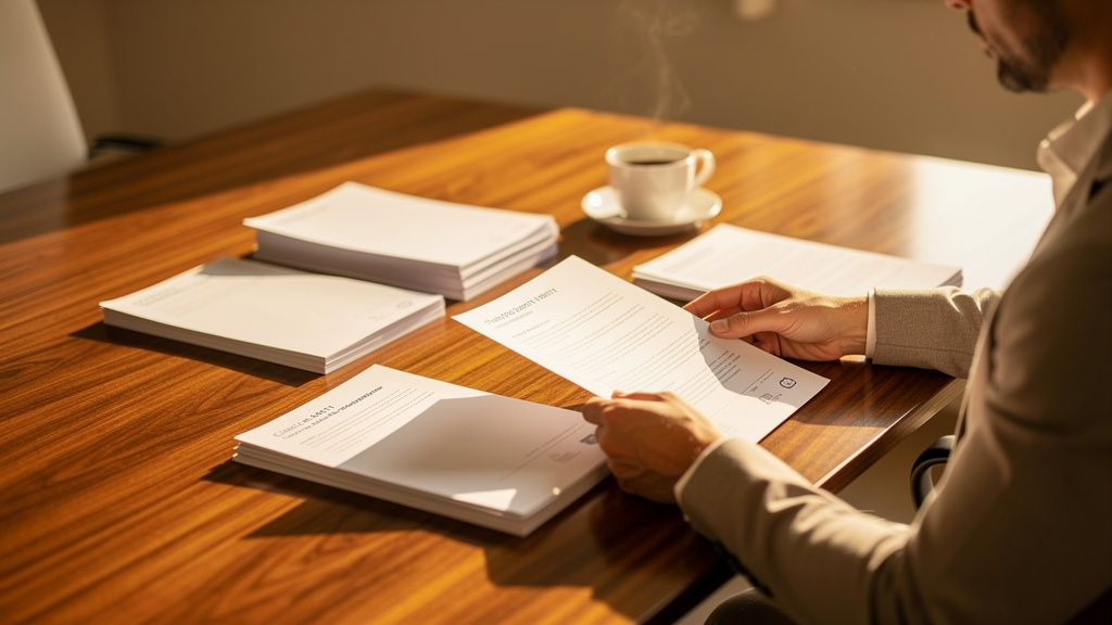 A telehealth brand marketing lead reviewing printed clinical safety documents and patient education sheets