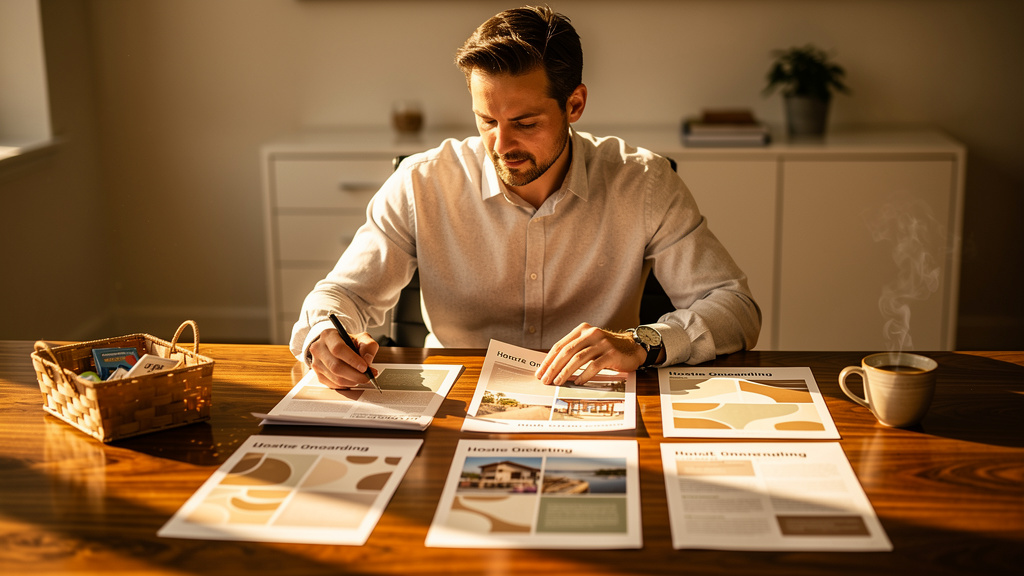 A vacation rental platform marketing lead reviewing printed destination guides and host onboarding worksheets