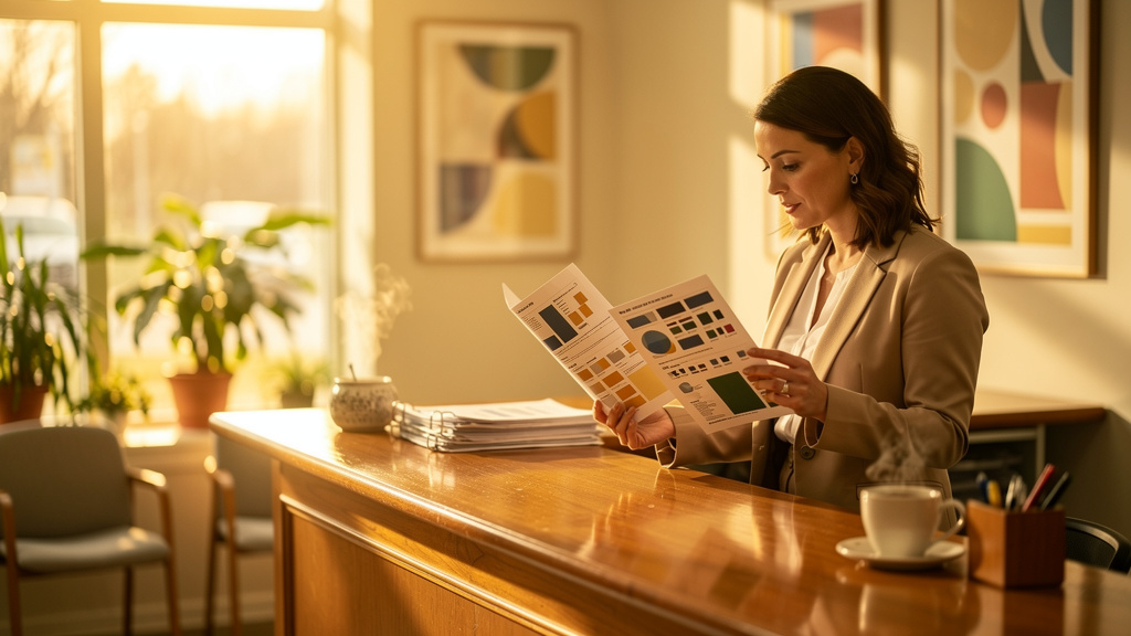 A veterinary practice manager comparing two printed software feature sheets at a clinic reception desk in warm morning light