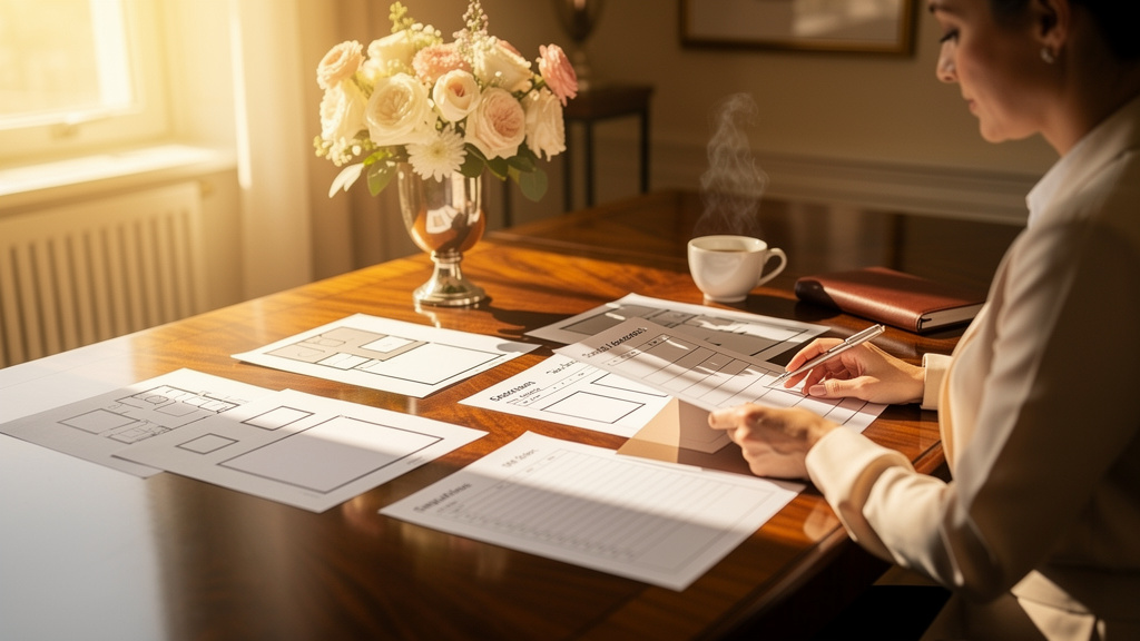 A wedding planner reviewing printed venue layout sketches and vendor checklists