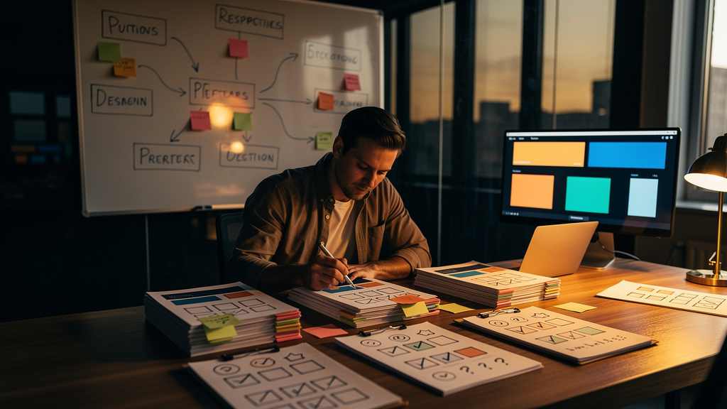 A procurement manager and two analysts reviewing a printed multi page RFP document at a meeting table with highlighters and tabbed sections