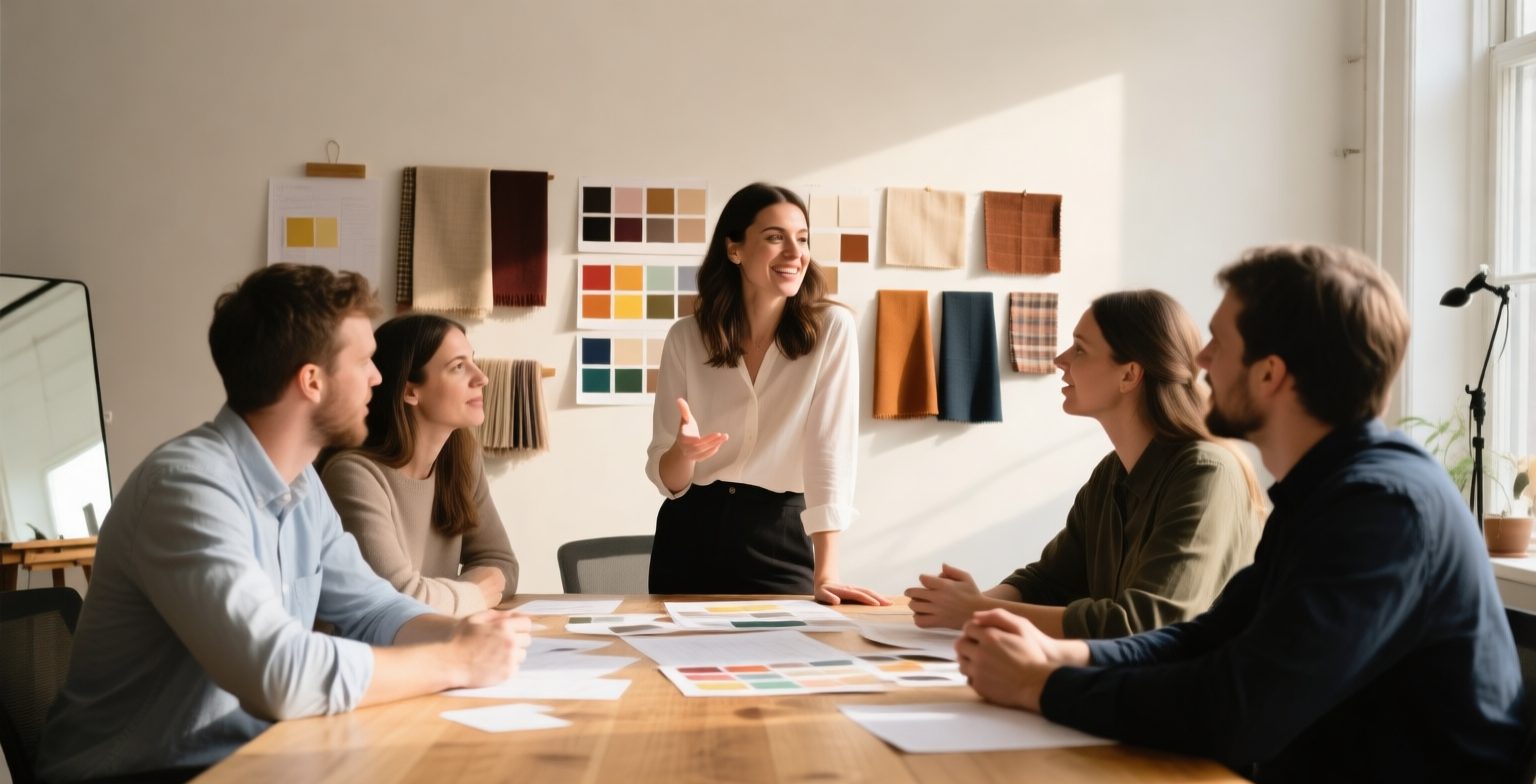 A marketing agency team sits around a wooden table in a sunlit studio while a colleague leads a planning discussion in front of colour swatches