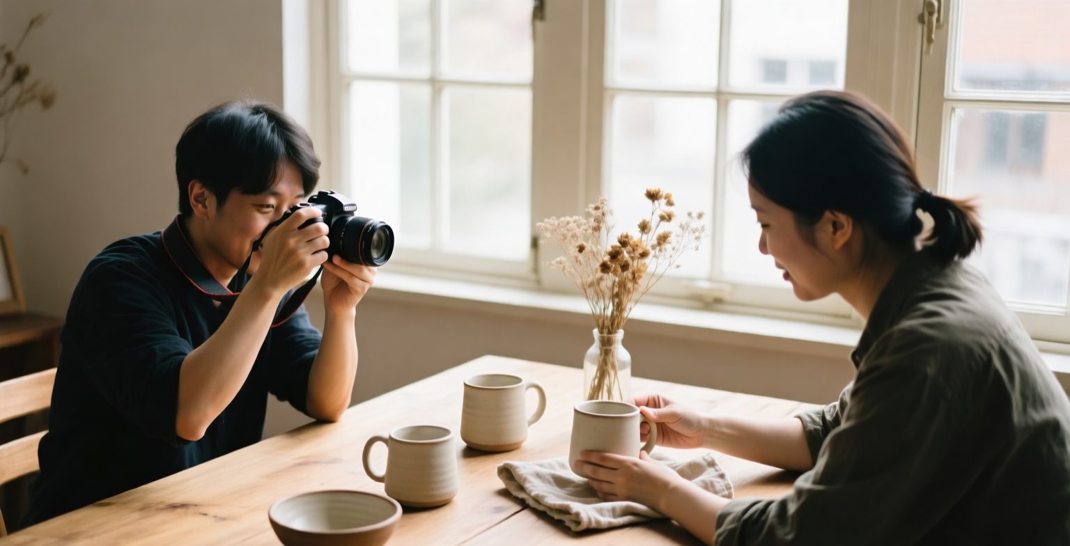 Two founders of a small home goods brand photograph plain ceramic mugs on a wooden table by a sunny window