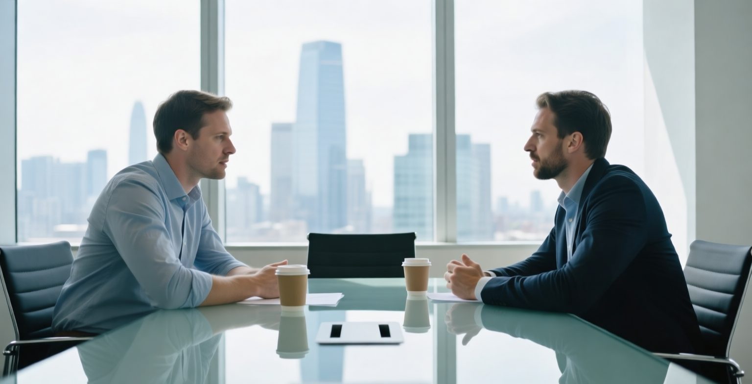 Two professionals talk across a glass meeting table with coffee cups in a high-rise office overlooking a city skyline