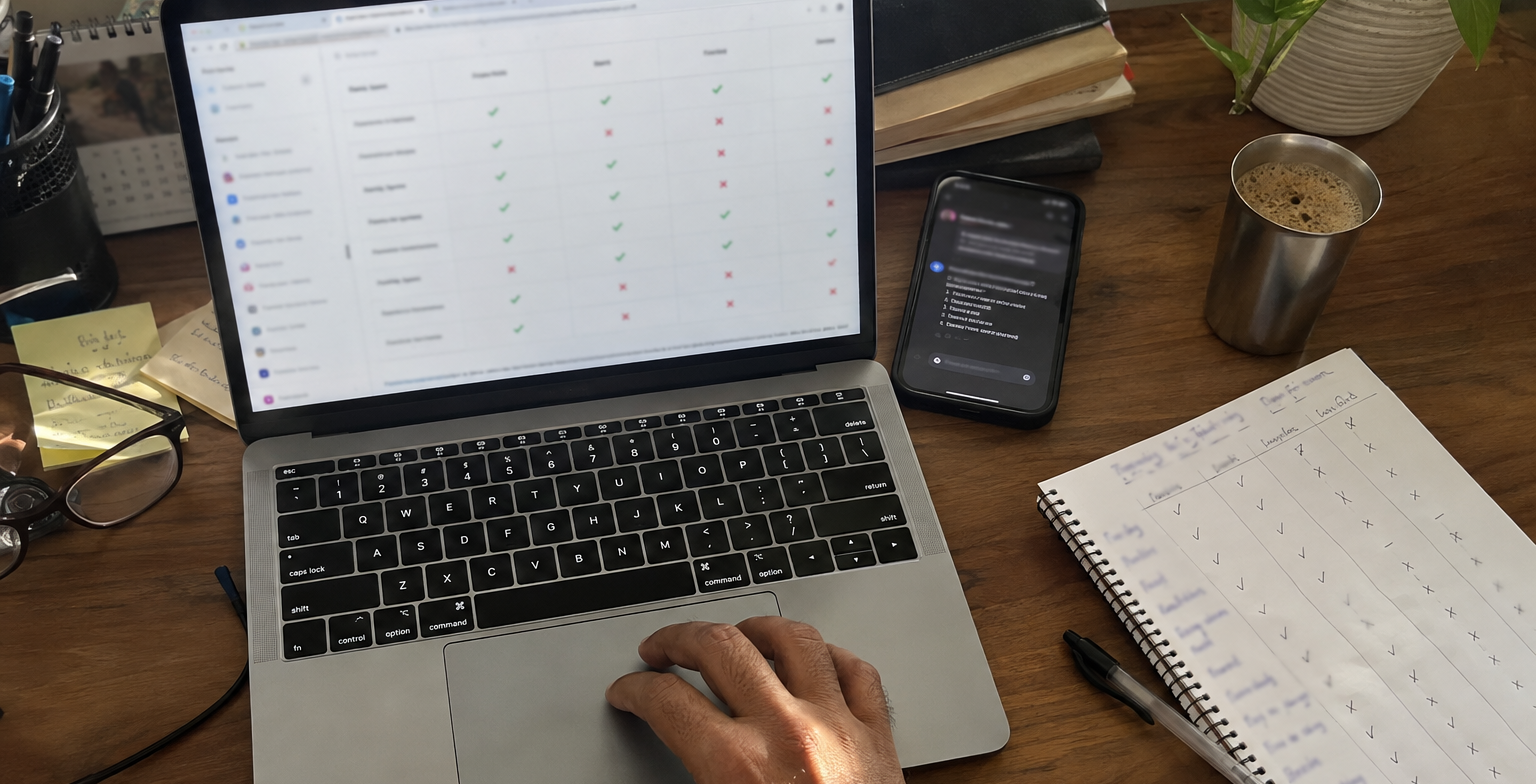 A desk in an Indian office with a laptop showing a comparison table of AEO tools with ticks and crosses, a phone showing an AI assistant's answer, a handwritten scorecard, filter coffee and a hand on the trackpad