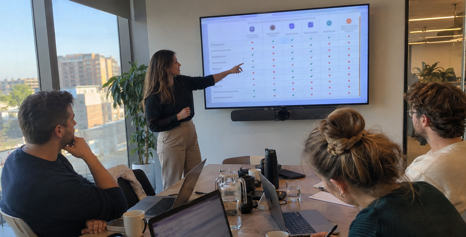 A marketing team in a meeting room compares AEO platforms on a wall screen showing a table of tools, ticks and crosses, while colleagues take notes