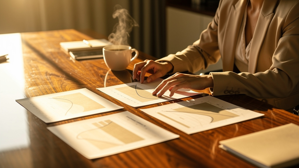 A measurement lead reviewing printed visibility trend reports and decay curve sheets