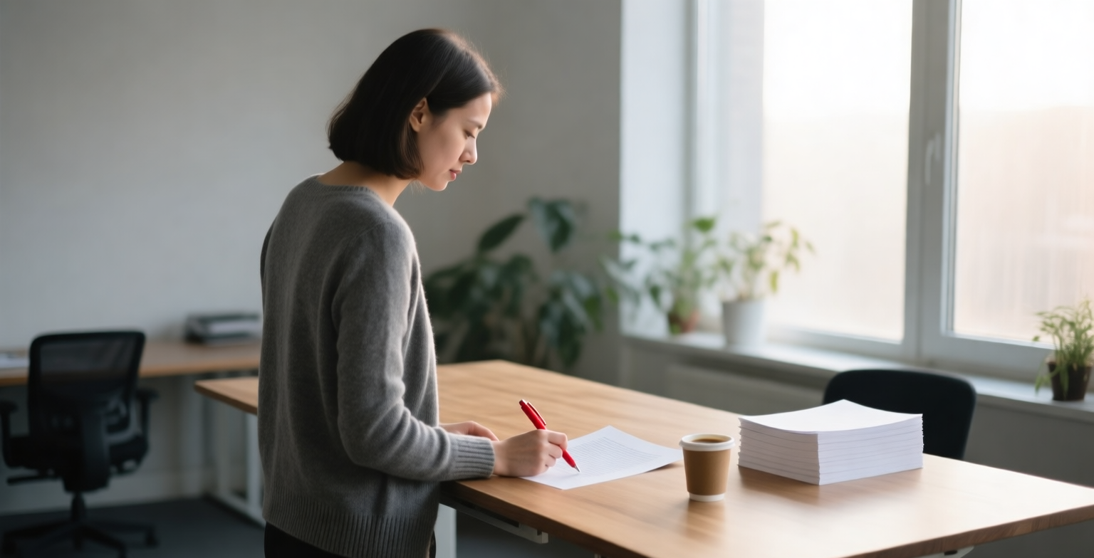 A content editor at a standing desk marks a printed page with a red pen in soft morning light