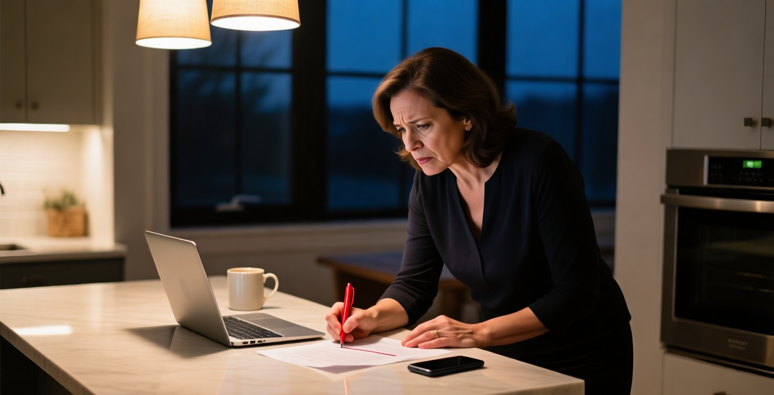 A marketing director at a kitchen island in the evening striking through a line on a printed page with a red pen and writing a correction in the margin
