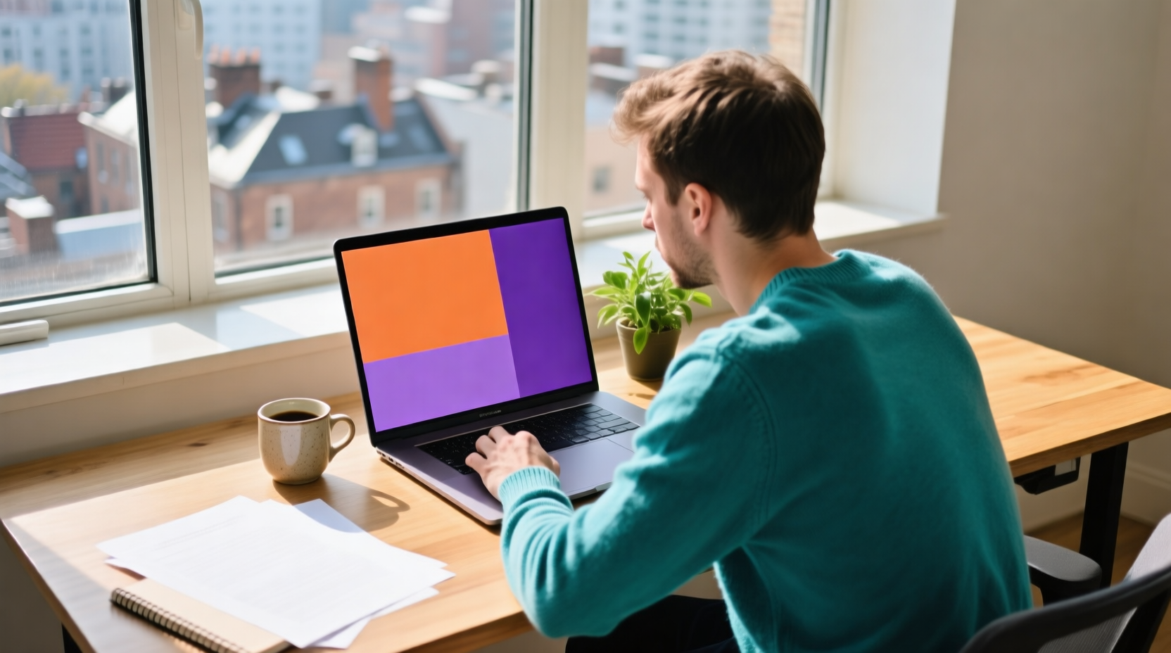 A marketer in a teal sweater works on a laptop at a sunlit window desk, with a coffee mug and a small plant beside it