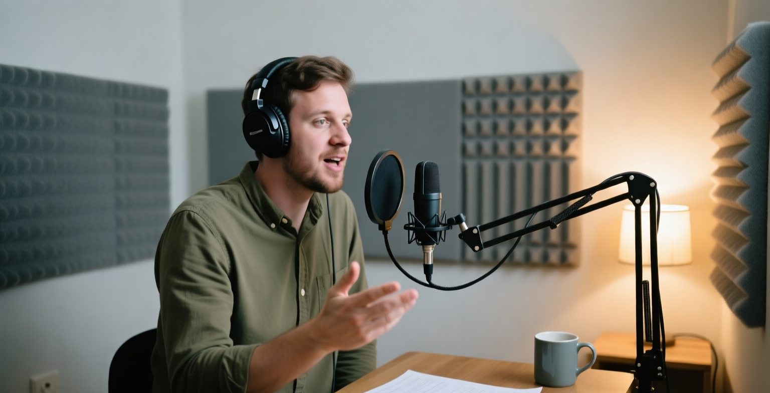 A podcast host in headphones speaks into a studio microphone in a small home studio with acoustic panels