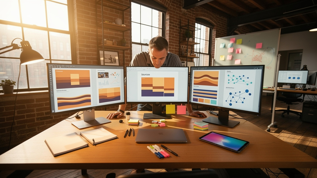 A research analyst at a wooden desk comparing printed source documents under warm lamp light
