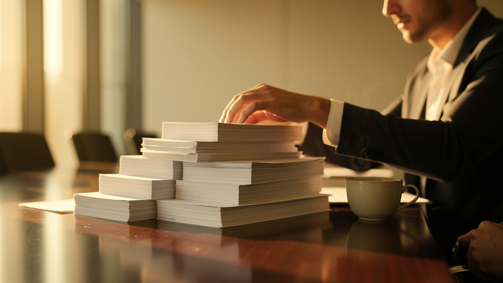 A research analyst arranging printed source documents into a layered trust-tier pyramid on a sunlit conference table