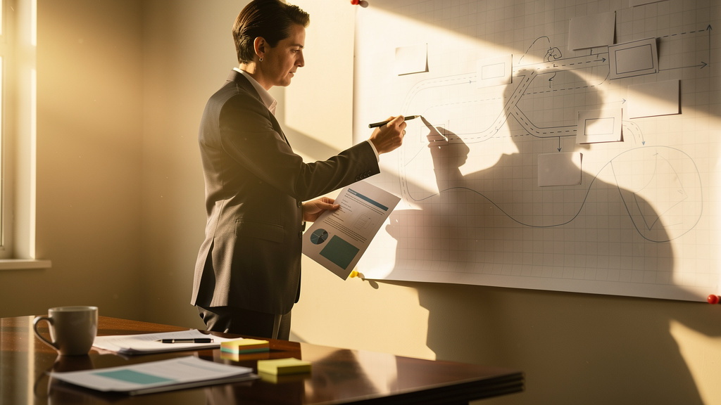 A marketing director marking quarterly milestones on a paper roadmap pinned across a sunlit conference room wall