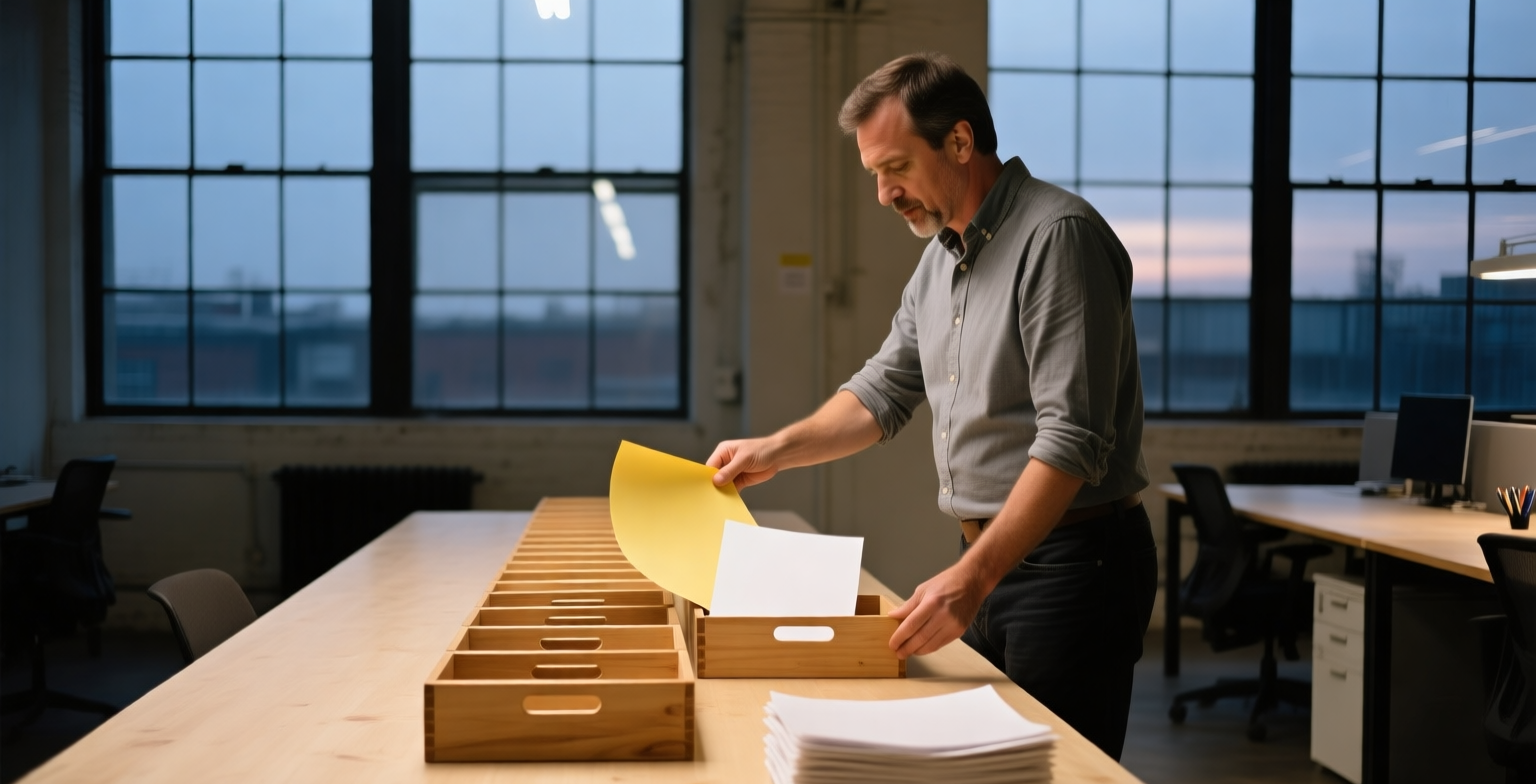 A marketing leader at a long wooden table by tall loft windows at dusk, lifting a faded yellow sheet out of a wooden tray while a fresh white sheet stands in its place