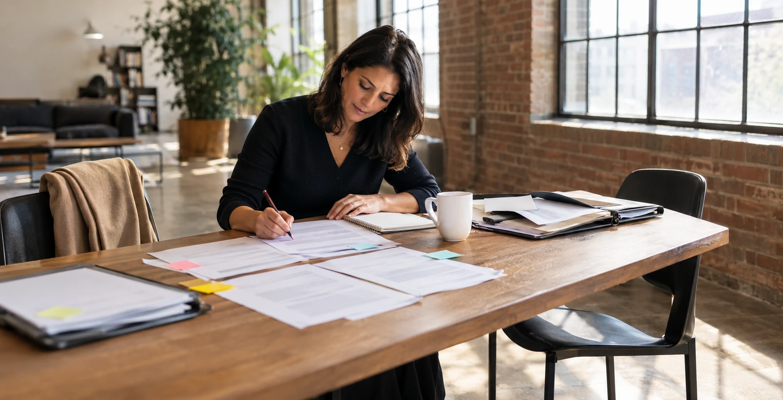 A marketing leader at a long wooden table in a bright warehouse office during the first week with a new agency, marking printed pages with a pen beside a notebook, a folder of brand material and a mug