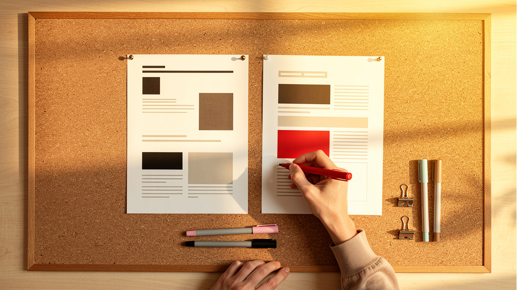 A marketing analyst comparing two printed lists side by side at a desk, one highlighted, in warm focused light