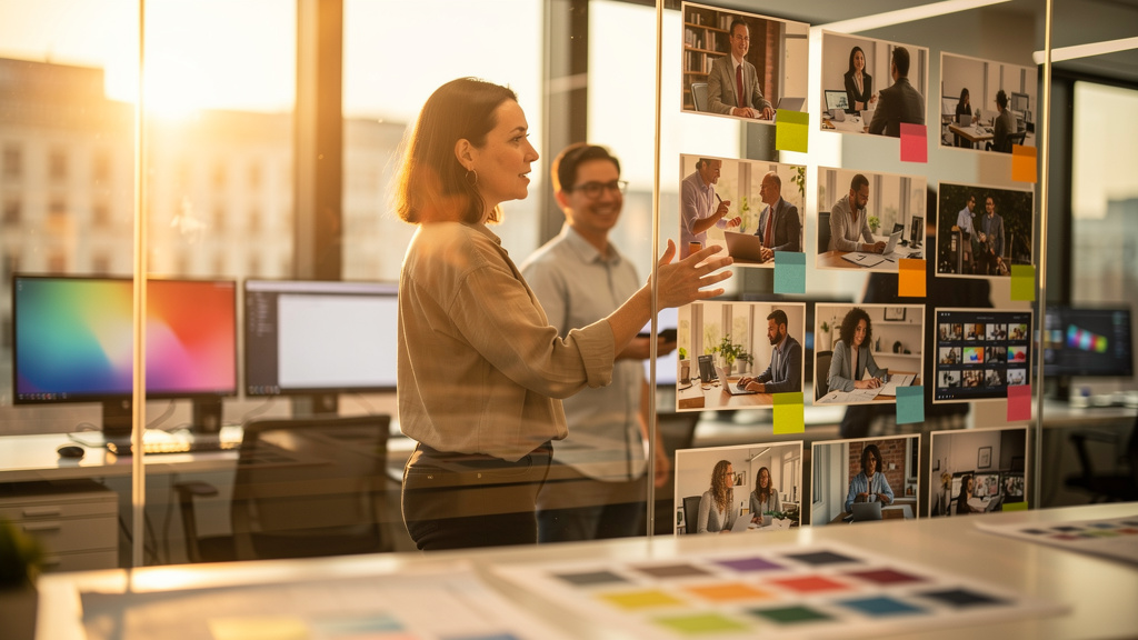 Enterprise marketing leader reviewing printed image alt text and video transcript checklists alongside printed product photos on a warm desk