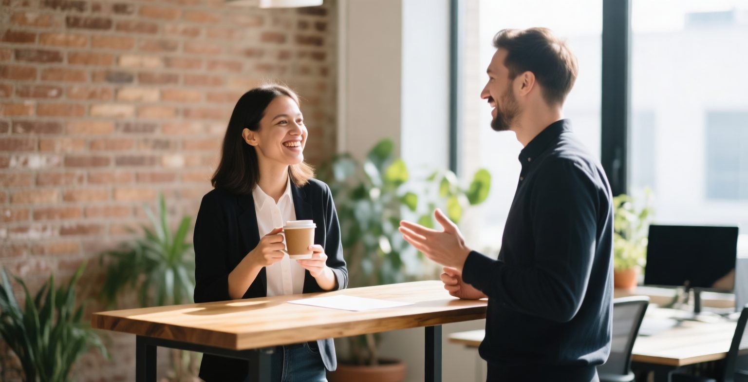 Two marketers talk at a wooden standing table in a sunny co-working space, one holding a coffee cup and smiling while the other explains with his hands