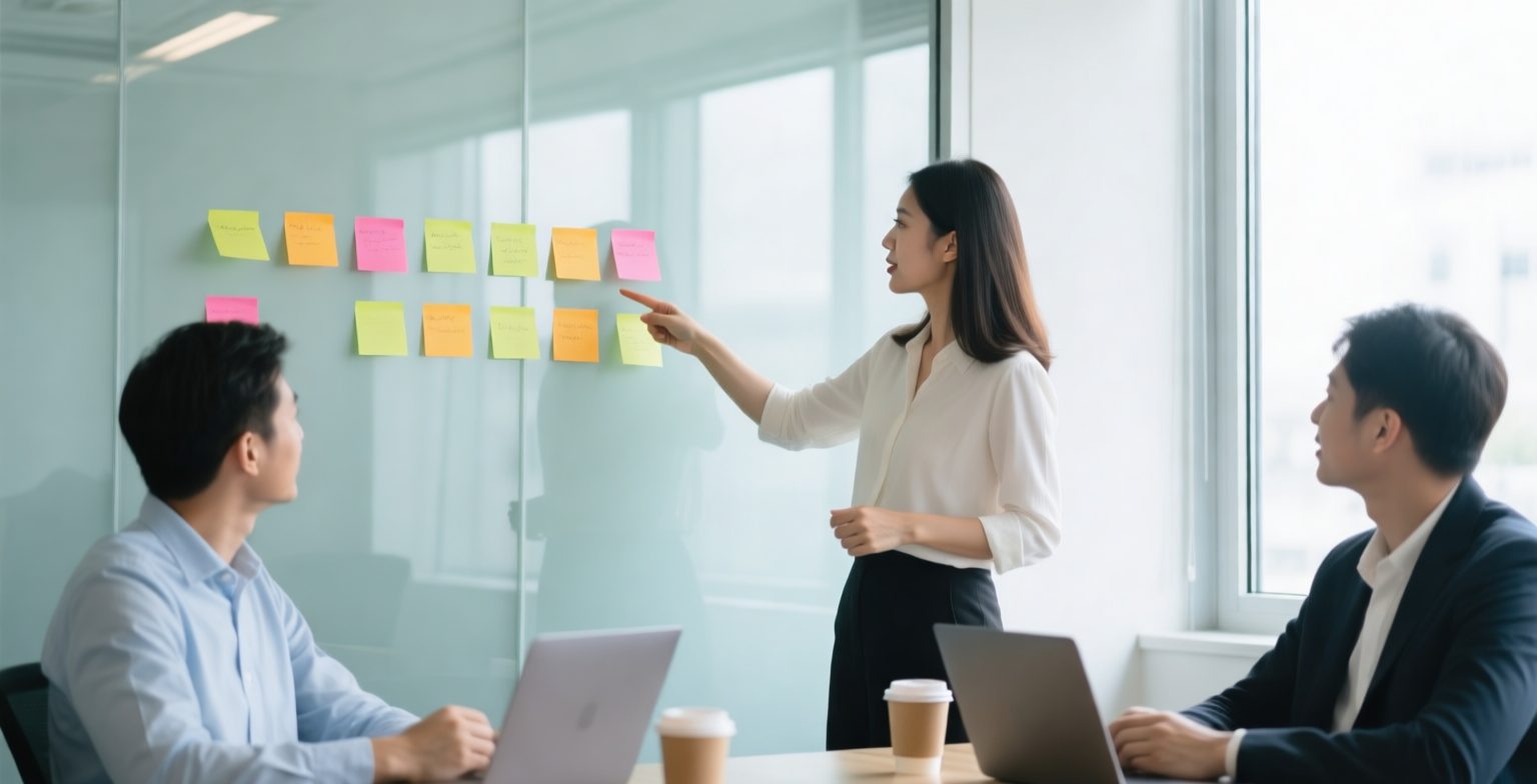 A marketing lead points at rows of coloured sticky notes on a glass wall while two colleagues at a meeting table listen and weigh the options