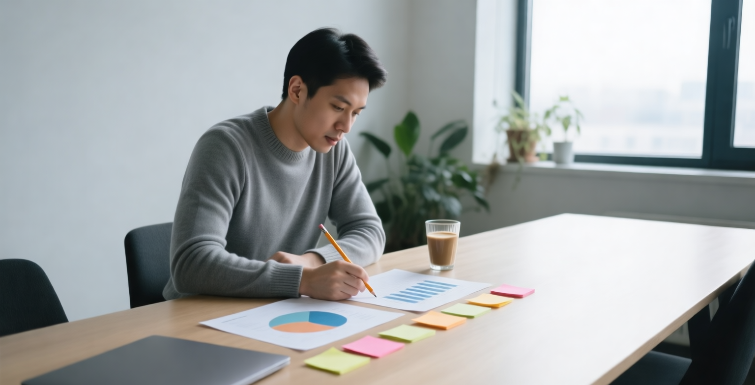 An analyst compares printed charts with a pencil at a long table beside a window, sticky notes lined up next to them