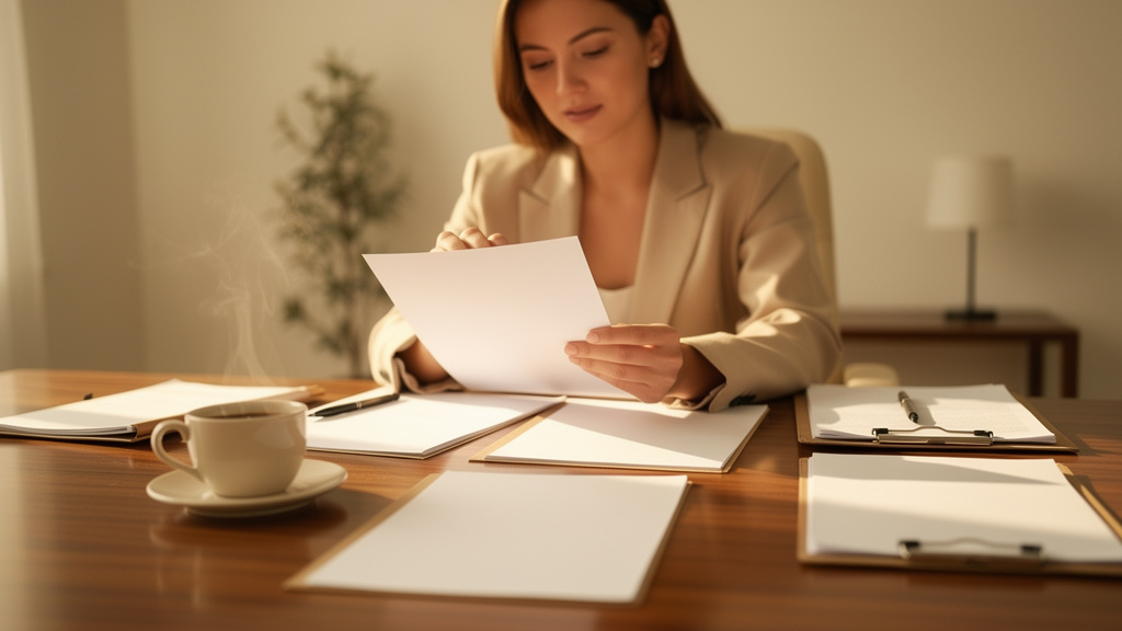 A content lead reviewing printed Q and A frameworks and expert profile drafts