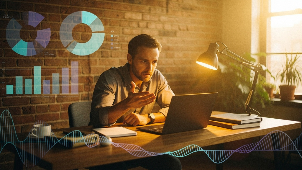 Two analysts at a wooden table dividing a printed pie chart of competitor mentions under warm light